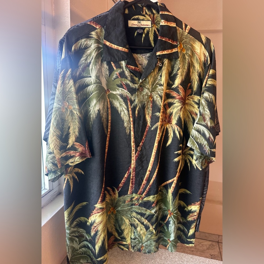 Tommy Bahama Black and Green Palm Print Shirt